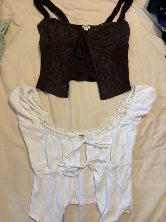 Garage Tops - Garage Top Duo- White Ribbed and Brown Lace Tie Front Tops